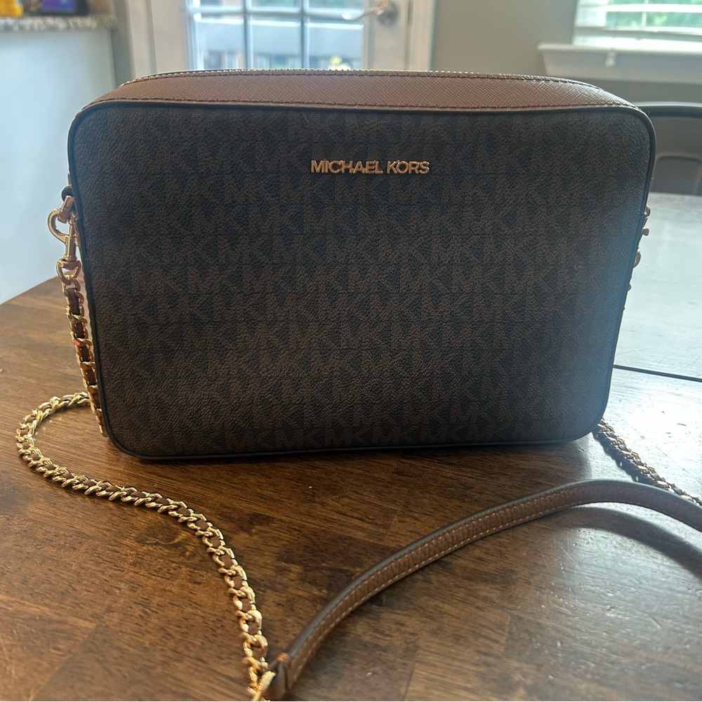 Michael Kors Dark Brown and Gold Crossbody Bag 9.5 x 7
